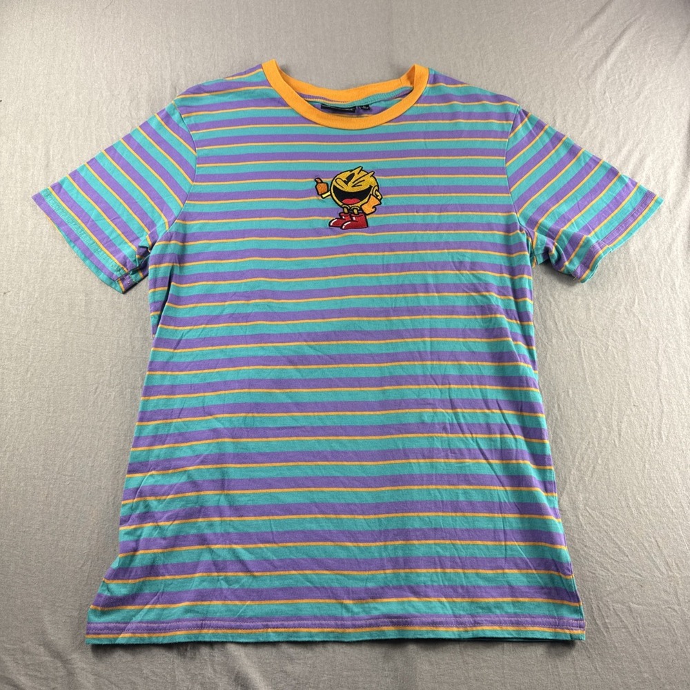 PAC Man T-Shirt Size L Striped Embroidered Crewneck Retro Video Game Blue Yellow